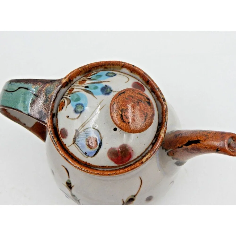 Tonala Ken Edwards Pottery Teapot Bird Butterfly Blue Brown 6 Inch